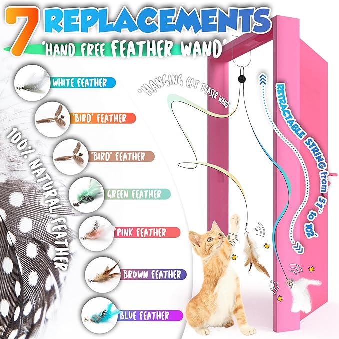 Retractable Cat Feather Toys 7PCS Refills with Bell, Interactive Doorway Hanging Teaser Toys for Indoor Cats, Kitten Play Exercise Feather Teaser Toys