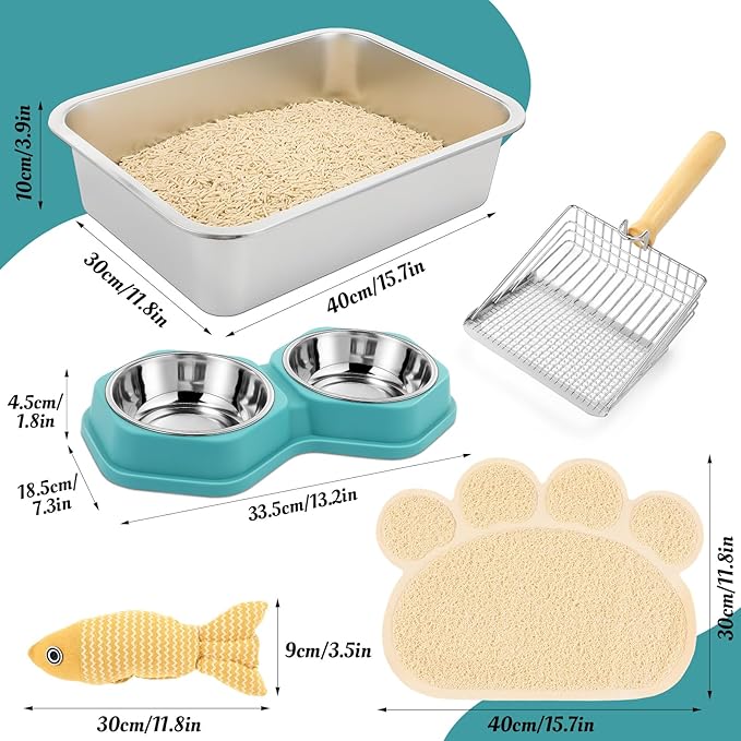 5 Pcs Cat Supplies Includes Stainless Steel Litter Box Small with Cat Litter Scoop, Cat Bowls for Food and Water, Catnip Fish, Cat Mat, Metal Litter Pan for Kittens Cat Lovers