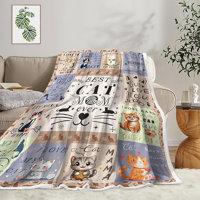 Cat Mom Gifts Throw Blankets for Women,Cat Mom Blankets Fleece Throw Blanket Cozy Soft Lightweight Couch Sofa Bed,Blue Blankets Bedding Gifts for Cat Lover for Mothers Day