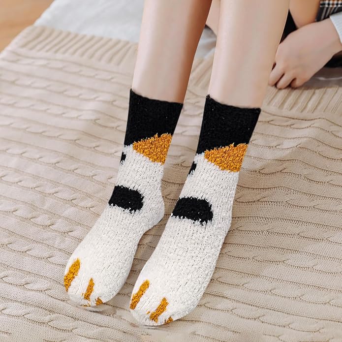 3-6 Pairs Womens Fuzzy Socks Cozy Fluffy Slipper Socks Cute Soft Cat Animal Winter Warm Sleep Socks Gifts