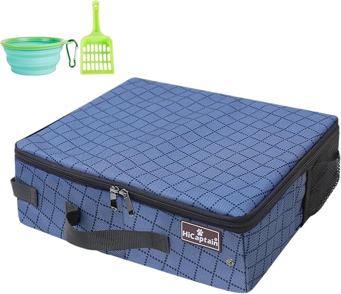 HiCaptain Portable Litter Box for Cats, Collapsible Travel Litter Box with Lid, Handle and Storage Pocket, Foldable Litter Box for Small Medium Cats Leak Proof, Waterproof, Odor Free-Blue