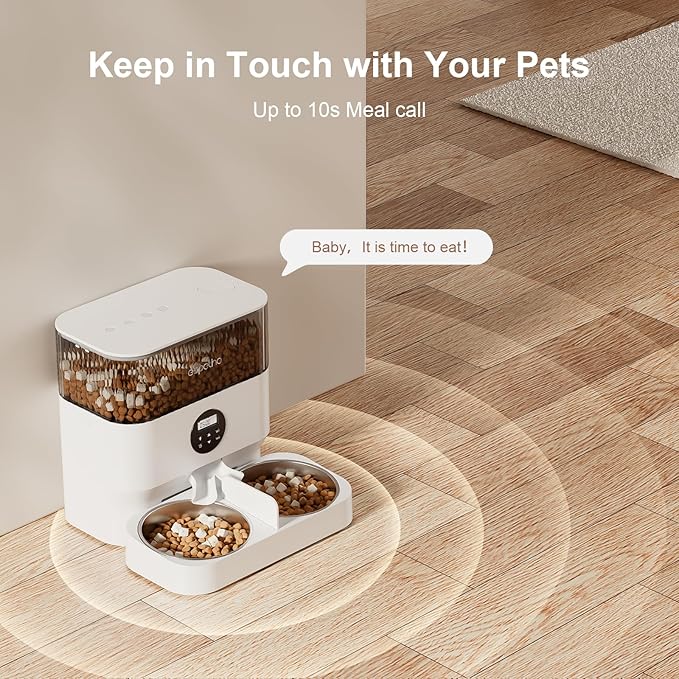 Automatic Cat Feeders for 2 Cats - 5L Timed Cat Food Dispenser with 2 Stainless Steel Bowls, 10s Meal Call Programmable Portion Control Pet Feeder with Desiccant Bag for Cats & Dogs