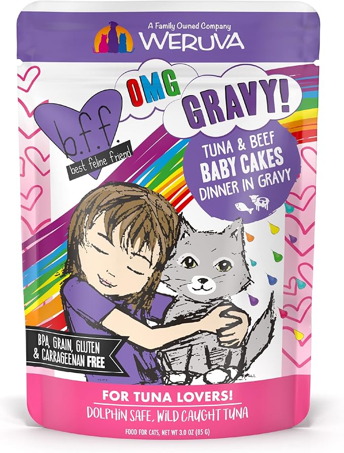 Weruva B.F.OMG - Best Feline Friend Oh My Gravy!, Tuna & Beef Baby Cakes with Tuna & Beef in Gravy Cat Food, 3oz Pouch (Pack of 12), Purple (0152)
