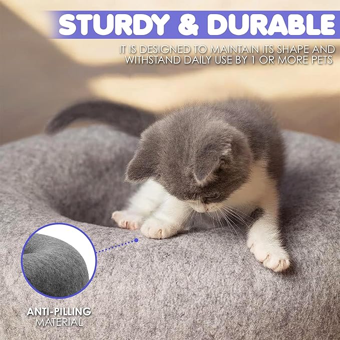 Cat Tunnel Bed - Felted Cat Bed with Fish Toy, Cat Beds for Indoor Cats, Scratch Detachable & Washable Tunnel Bed, Comfy Donut - Dark Gray