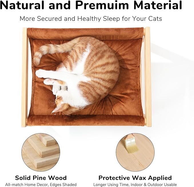 FUKUMARU Cat Bed, Plush Velvet Cat Beds for Indoor Cats, Wooden Cat Hammock, 21 x 16.5 Inch Cat Couch, Suitable for Cats, Dog, Bunny, Rabbit, Kitten and Small Animal, Brown