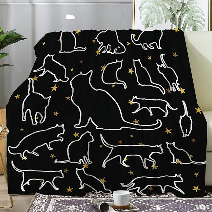 Khumbhira Black Cats Stars Blanket Cute Throws Gifts for Boys Girls, Kitten Decor Cat Plush Soft Lightweight Flannel Fleece Blankets Kawaii Bedding for Bed Couch Chair 120x90In Extra Large