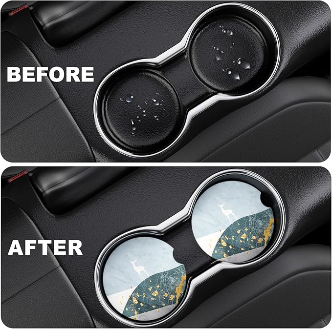 2 Pack Car Cup Holder Coasters, 2.63 inch Anti Slip Insert Absorbent Ceramic Coasters with Cork Base and Finger Notch, Cute Car Accessories for Women