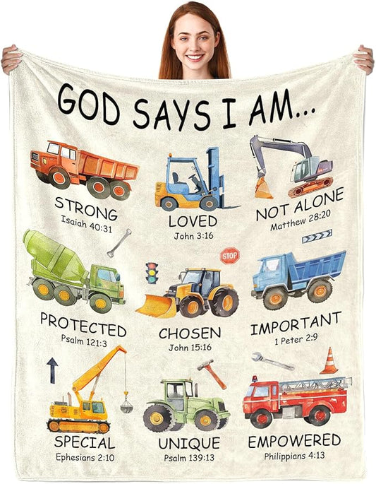 Christian Gifts for Boys, God Says I Am Construction Truck Blanket 50"x60", Inspirational Religious Birthday Gifts for Truck Lover Bible Verse Blanket, Construction truck gifts, Christian truck Gifts