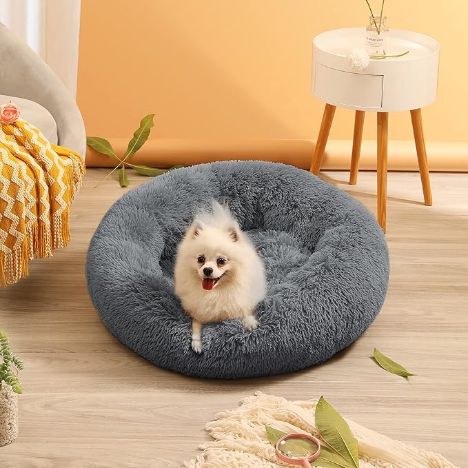Small Cat Bed for Indoor Cats, Self-Warming Donut Kitty Bed for Small Cats Keeping Warm, Washable Pet Bed with Anti Slip Base, 23‘’ Darkgrey