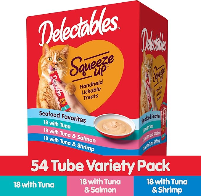 Delectables Squeeze Up Seafood Variety Pack, Creamy Squeezable Puree, Lickable Wet Cat Treats, Grain Free, No Added Fillers, No by-Products, No Added Preservatives, 0.5 Ounces Tube, 54 Tubes Total