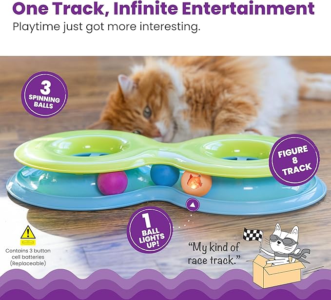 Catstages Infinity Ball Track for Cats with Two Balls, Including One Light-Up Ball, Figure-8 Shaped Cat Ball Track Compatible Topper Toys, Green