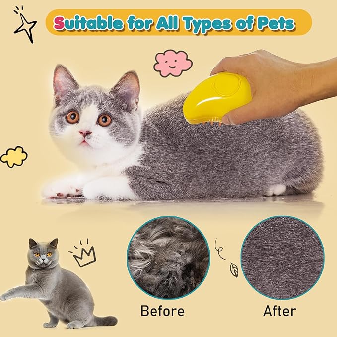 3 In 1 Steam Pet Brush - Self-Cleaning Steamer for Cat Massage, Removing Tangles, Loose Hair, and Spray Grooming (Yellow)