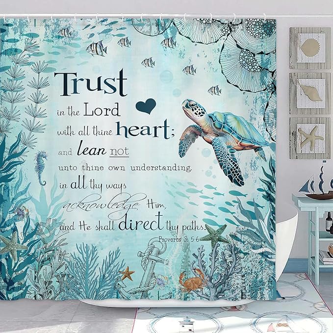 Beach Sea Turtle Bible Verse Shower Curtain, Cool Turtle on Blue Teal Coastal Nautical Theme Shower Curtain for Bathroom, Underwater Animal Fish Seashell Jellyfish Shower Curtain with Hooks, 70X85IN