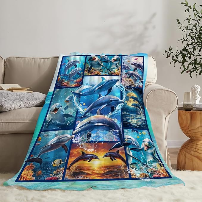 Dolphin Blanket Ultra Soft Cozy Dolphin Throw Blanket Fleece Fuzzy Plush Bedding Marine Life Lovers Gifts for Women Girls Kids Adults Couch Sofa 60"x50"