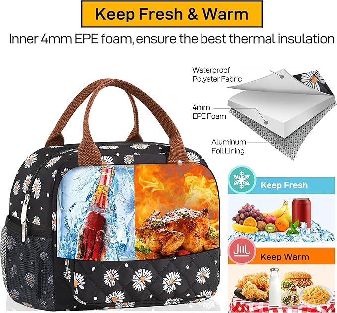 Buringer HOMESPON Lunch Bag for Woman Man Adults with Front Pocket Insulated Lunch Tote Lunch Box Container for Work Picnic or Travel（Daisy with Side Pockets）