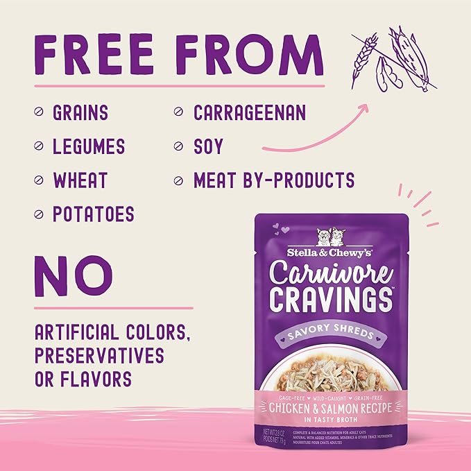 Stella & Chewy's Carnivore Cravings Wet Cat Food Pouches – Grain Free, Protein Rich Meal, Topper or Treat – Chicken & Salmon Recipe (2.8 Ounce Pouches, Case of 24)