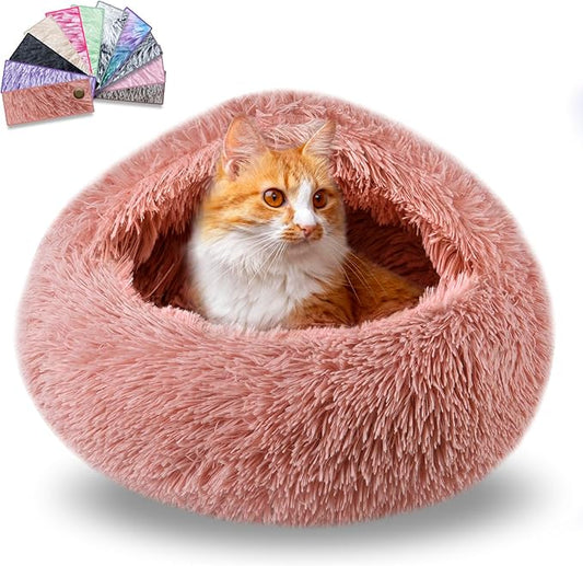 Calming Dog Beds & Cat Cave Bed with Hooded Cover,Washable Round Beds for Small Medium Pets,Anti-Slip Faux Fur Fluffy Coved Bed,Comfortable Warming Pet Bed(16 * 16inch,Leather Pink)