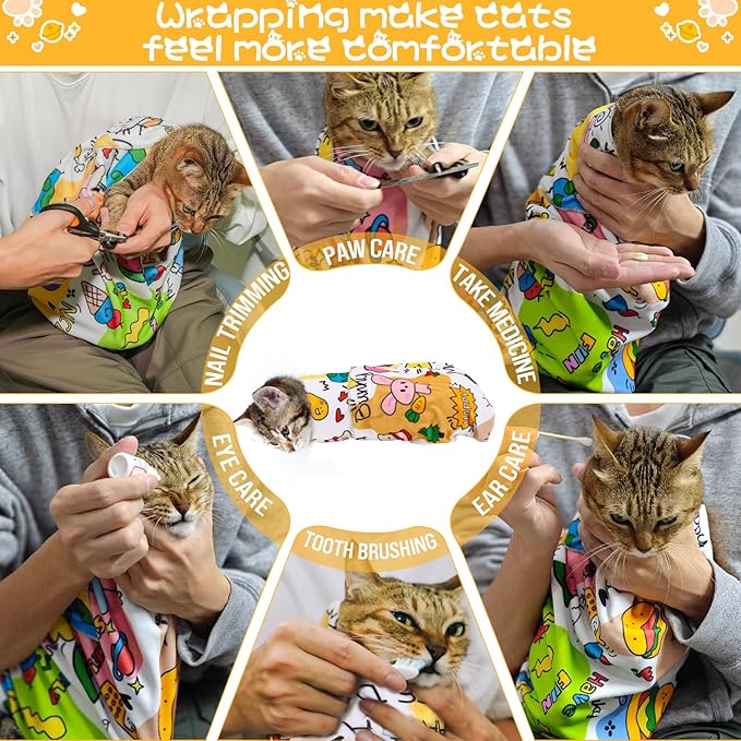 AIERSA Cat Wrap for Cutting Nails and Grooming, Cat Restraint Wrap for Nail Clipping, Self-Adhesive Fabric Cat Swaddle Burrito Wrap for Nail Trimming, Cat Grooming Supplies