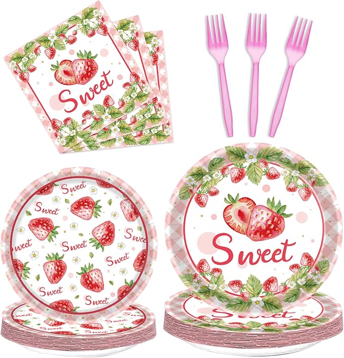 96 Pcs Strawberry Plates and Napkins Party Supplies, Disposable Forks Summer Fruit Paper Dessert Tableware Decorations Birthday Table Dinnerware Favors Set, Serves 24
