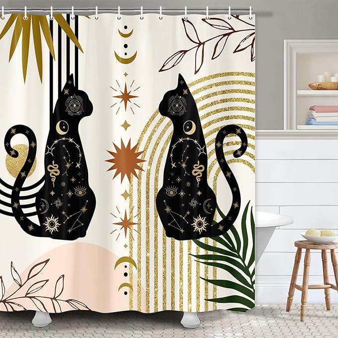 Boho Black Cat Shower Curtain, Cute Animal Mid Century Modern Moon Shower Curtains, Abstract Phase Fancy Geometric Aesthetic Leaf Fabric Shower Curtain Restroom Decor Accessories with Hooks 72X72