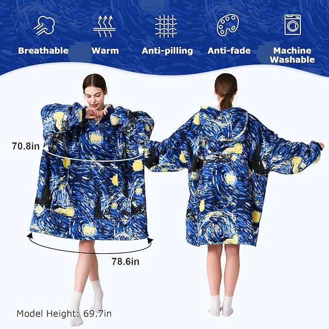 THREE POODLE Wearable Blanket Hoodie for Women, Oversized Sherpa Sweatshirt Blanket for Adults Men, Warm Cozy Starry Hooded Blanket, Gifts for Mom Girlfriend Sister