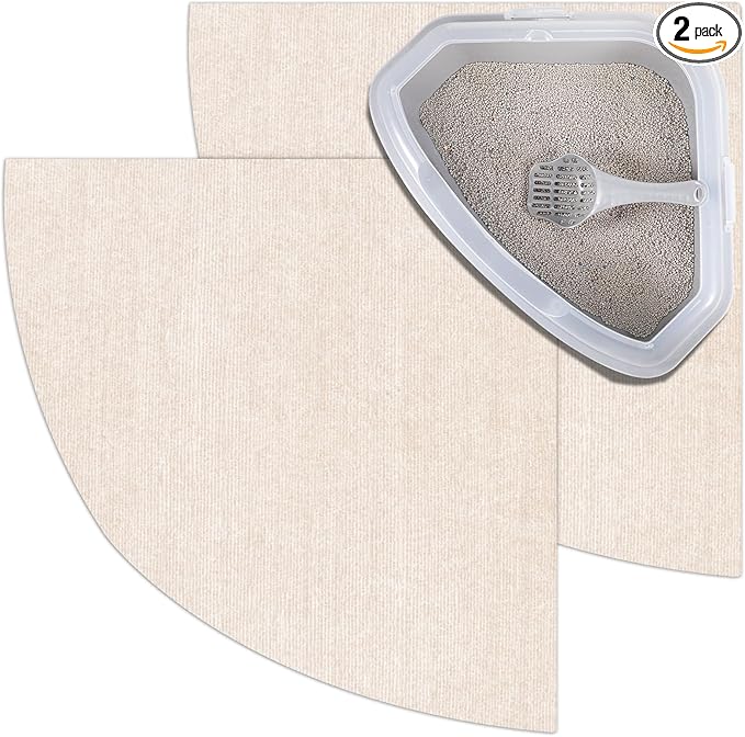 2 Pcs Corner Cat Litter Mat 29 Inch Litter Mat for Corner Machine Washable Litter Mat Ridged Design Fan Shaped Cat Litter Mat Absorbent Cat Litter Rug for Box Less Waste Space (Beige White)
