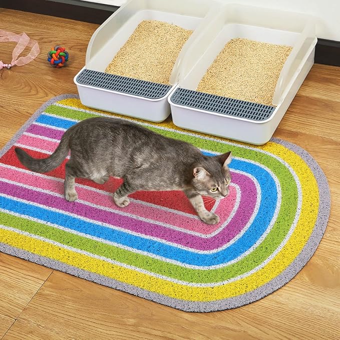 Bienbee Cat Litter Mat, 33.5x22.5in Cat Litter Mat Litter Trapping Mat Easy to Clean, Litter Box Mat with Bottom, Unique Graphic Design Cat Mats for Litter, Rainbow L