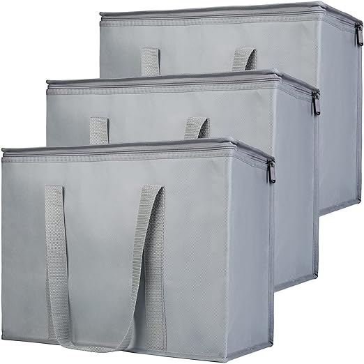 Bodaon 10-Pack Insulated Reusable Grocery Shopping Bags, X-Large Picnic Cooler Bag Zipper/Zippered Top Cold, Insulated Food/Pizza Delivery Bag, Commercial Food Warmers Thermal, Grey
