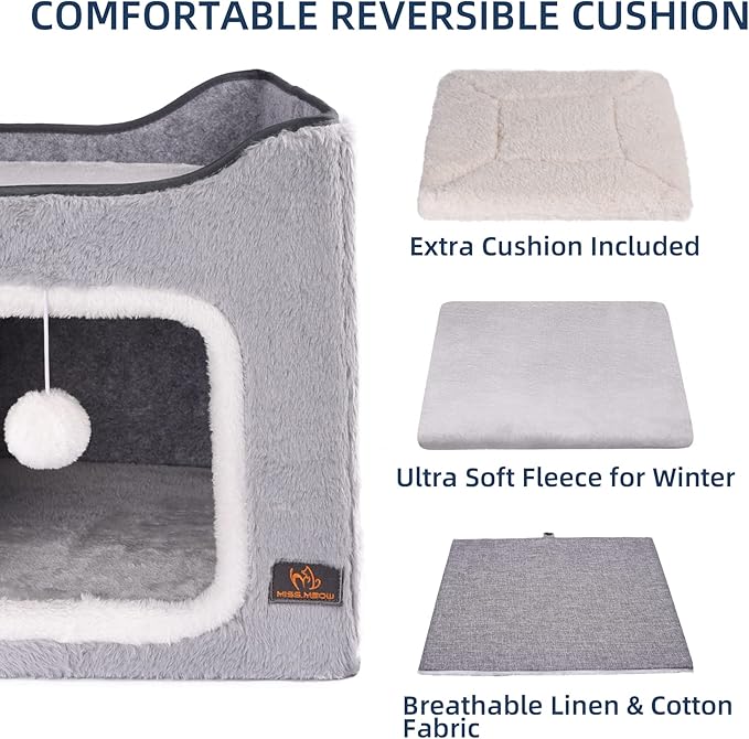 Cat Bed for Indoor Cats,Medium Large Cats Cave Bed,Machine Washable Slip Resistant Bottom,Ultra Soft Plush Cushion (Gray Fleece House)