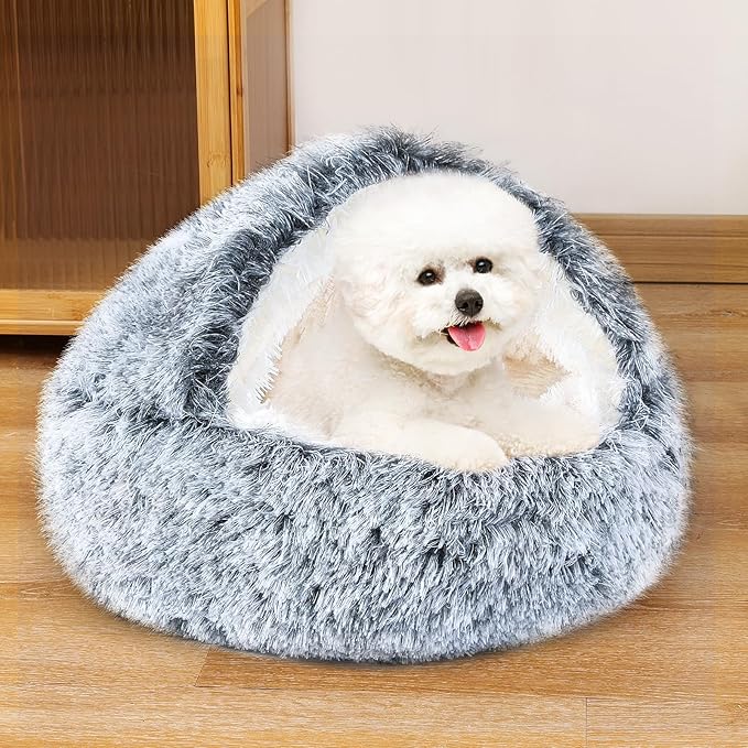 NOYAL Dog Bed Round Hooded Plush Cat Cave Donut Anti Anxiety Fluffy Dog Bed for Small Medium Dog and Cat