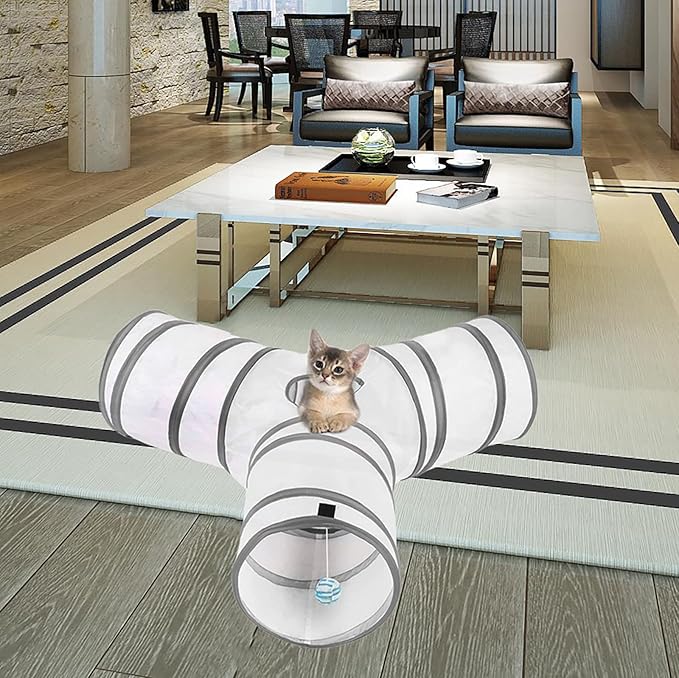 Cat Toys Cat Tunnel and Cat Cube Pop Up Collapsible Kitten Indoor Outdoor Toys-Collapsible 3 Way Cat Tube- for Cat, Puppy, Kitty, Kitten, Rabbit (White)