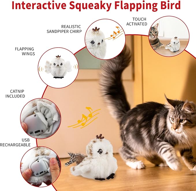 Gigwi Interactive Flapping Cat Toys Catnip, Electronic Flappy Toys Motion Activated, Automatic Cat Toys for Indoor Cats, USB Rechargeable Cat Enrichment Toy for Hunting and Kicker, Bird Prince