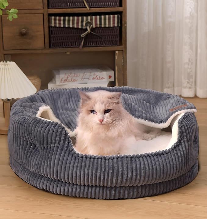 Cat Beds for Indoor Cats,with Soft Hooded Blanket.Comfortable Cute cat Bed,Removable Inner pad Washable with Non-Slip Bottom,Cozy Kitten、Small Dog Bed (Dark Grey)