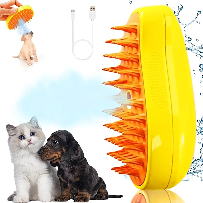 3-in-1 Self-Cleaning Steam Brush for Pets - Removes Loose and Tangled Hair, Multifunctional Design for Cats, Yellow