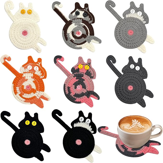 8 Pcs Coasters for Drinks, Boho Style Coaster, Cotton Woven Creative Cute Cat Coaster, Funny Coasters for Bar, Table Protection Suitable, Housewarming Gifts New Home