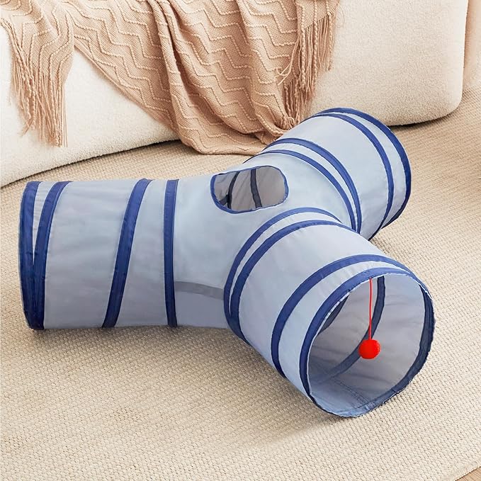 Tempcore Pet Cat Tunnel Tube Cat Toys 3 Way Collapsible, Cat Tunnels for Indoor Cats，Kitty Tunnel Bored Cat Pet Toys Peek Hole Toy Ball Cat, Puppy, Kitty, Kitten, Rabbit Light Blue