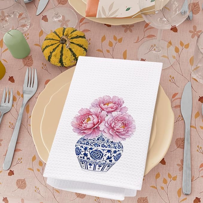 SPBL&L Chinoiserie Decor Kitchen Towels, Blue and White Chinoiserie Vase Pink Peonies Floral Dish Towels for Kitchen, Blue and White Hand Towels for Bathroom, Grandmillenial Decor, 16x24 Inches