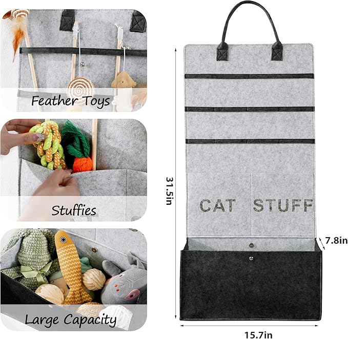 MABOZOO Cat Toy Storage Organizer for Wand Toys,Durable Pet Storage Box with Handle Cat Feather Toy Storage Hanging Bag for Neatly Organizing Teaser Wand Toys（Dark Grey）