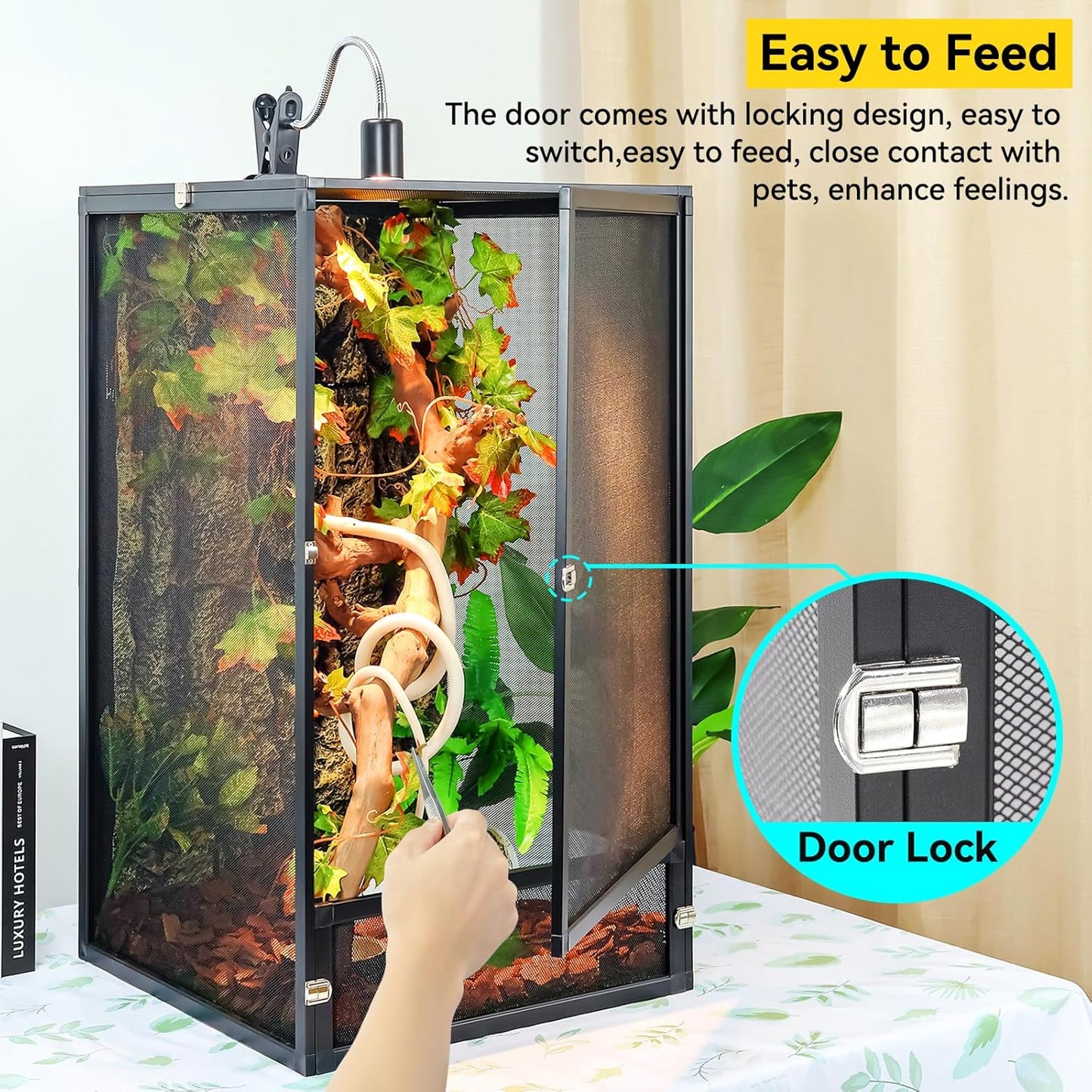 45 Gallon 360° Panoramic Foldable Reptile Terrarium Kit: Crested Gecko Tank and Reptile Cage for Superior Ventilation, Easy Feeding, Sturdiness, and Simple Assembly (Black, 32"x18"x18")