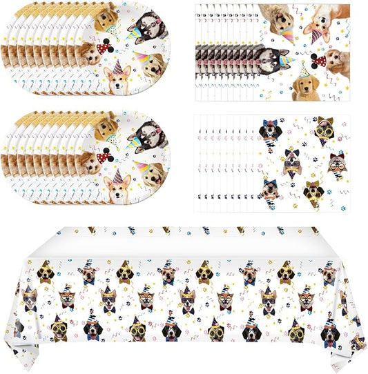 41 Pieces Dog Birthday Party Supplies, Puppy Party Tableware for Kids Party Decorations Includes 20 Plates 20Napkins and 1 Tablecloth for Puppy Theme Party Supplies