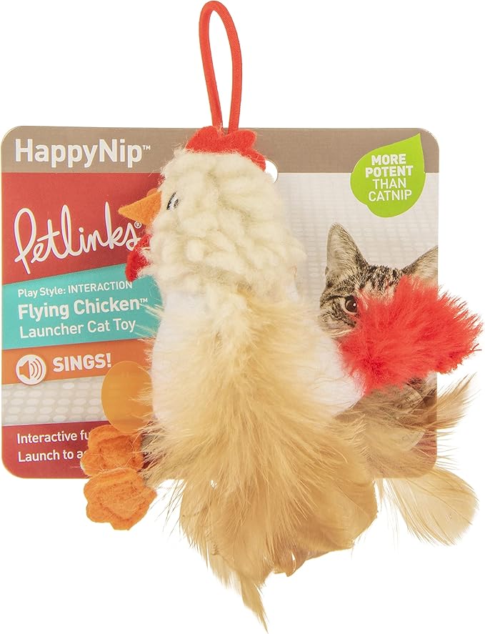 Petlinks HappyNip Flying Chicken Electronic Sound Launcher Cat Toy, Contains Silvervine & Catnip, Battery Powered - Beige, One Size