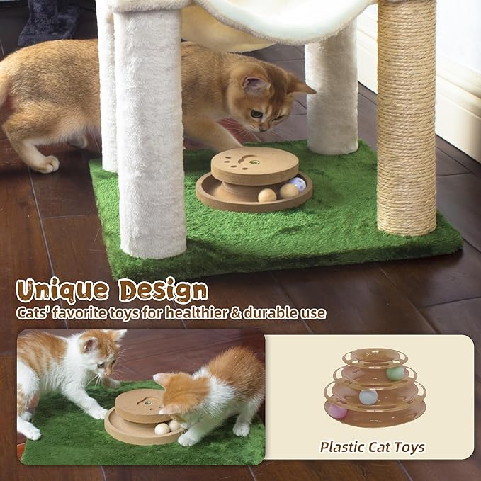 Cat Scratching Post 30 Inches Small Cat Tree Tower with Two Cat Hammock, Double Cat Hammock with Cat Toy Wooden Interactive, Cat Condo for Kitten and Adults Cat