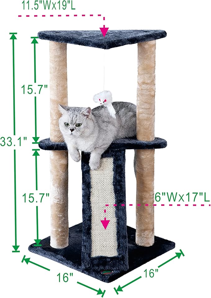 Go Pet Club Everyday Value 35in Corner Cat Tree Kitty Scratcher Tower Kitten Condo House Furniture with Scratching Board & Hanging Toys for Indoor Cats, Gray/Beige