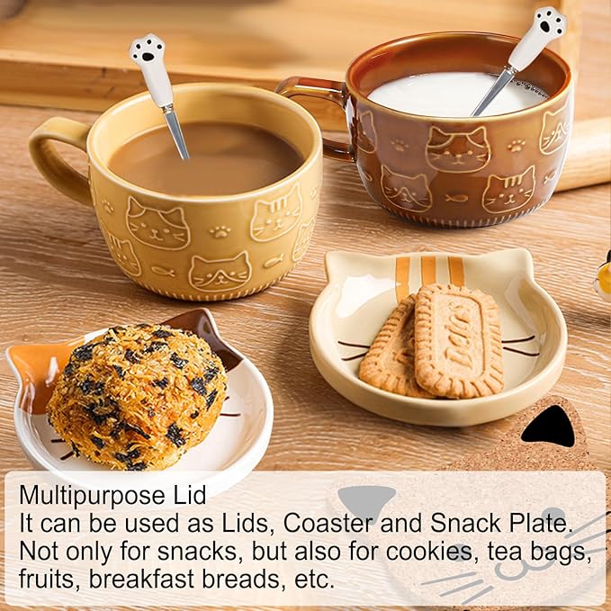 BigNoseDeer 2PCS Cute Cat Tea Cup Ceramic Coffee Mugs with Lid, Dessert Tea Cups and Saucers for Cat Lovers, Christmas Gifts 10oz (Yellow+Brown)