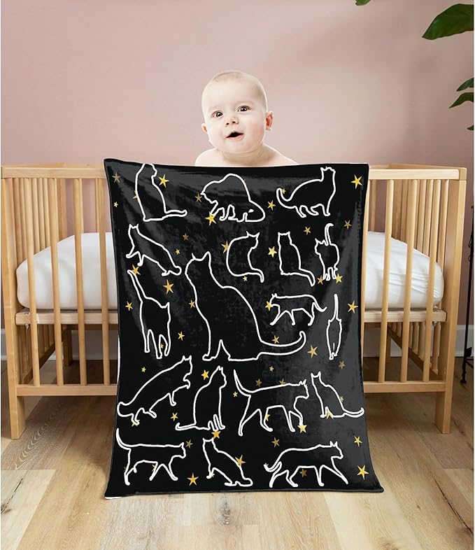 Khumbhira Black Cats Stars Blanket Cute Throws Gifts for Boys Girls, Kitten Decor Cat Plush Soft Lightweight Flannel Fleece Blankets Kawaii Bedding for Bed Couch Chair 120x90In Extra Large