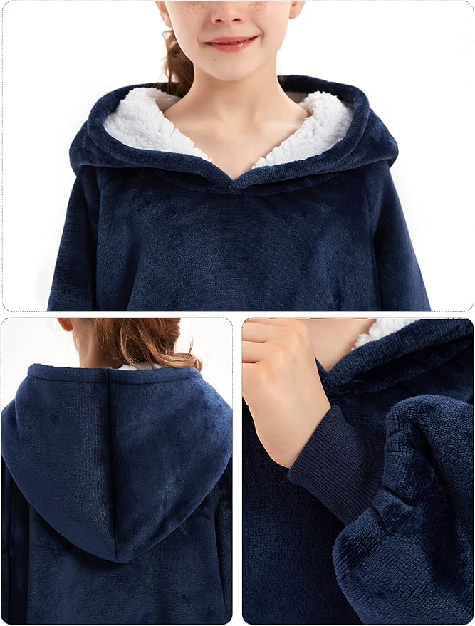 KFUBUO Wearable Blanket Hoodie for Kids Sherpa Patterns Oversized Sweatshirt Blanket With Pocket 6-10 Year Old Girl Boy Birthday Gifts Navy