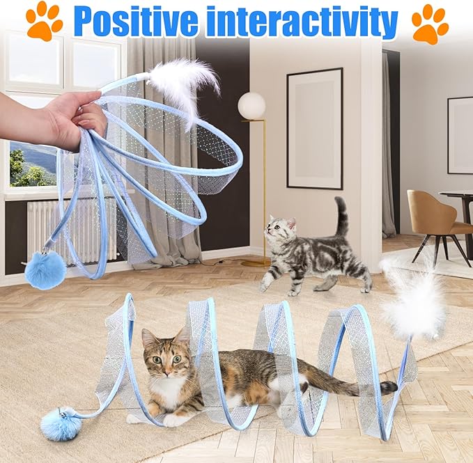 Mity rain Cat Tunnels for Indoor Cats，S Type Foldable Cat Tunnel Toy,Decompression Interactive Cat Springs Toys with Cat Ribbon/Bell/Feather/Pom pom Balls Blue