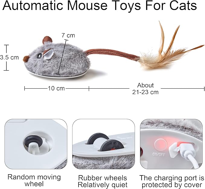 Suhaco Cat Toys for Indoor Cats Automatic Random Moving Mouse Kitten Toys, Interactive Kitty Mice Toys Electric Cat Toys with Feather Tail for Boredom USB Rechargeable Kitty Toys
