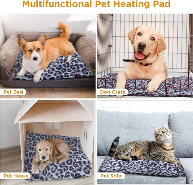 Tikaton MET Certified Pet Heating Pad, 2024 New Upgrade Heated Cat Bed Indoor with Auto Shut Off Timer, 6 Temperature Adjustable Pet Heating Pads (XL: 47" x 28", BlackLeopard)