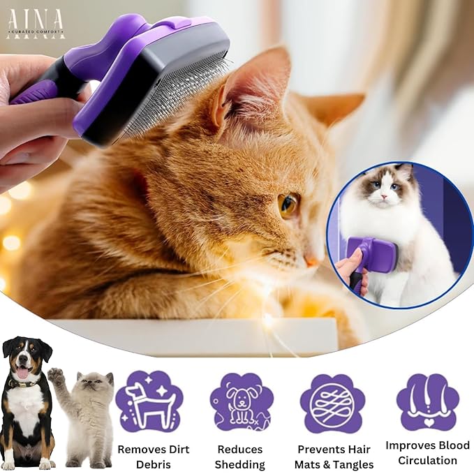 AINA Self-Cleaning Pet Grooming Brush | Pet Slicker Brush for Dogs & Cats Detangling & Fur Removal with Click Clean Button | Effective & Comfortable Pet Deshedding Brush, Perfect for Pet Grooming